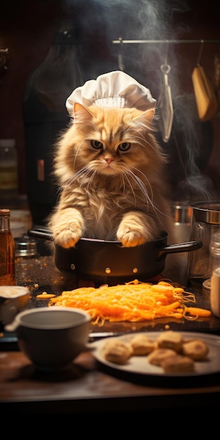 Lustige Katze bereitet Essen in der Küche zu. Generative KI. Hochwertiges Foto