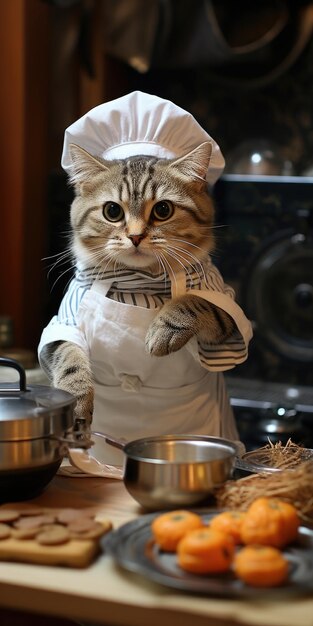 Lustige Katze bereitet Essen in der Küche zu. Hochwertiges Foto