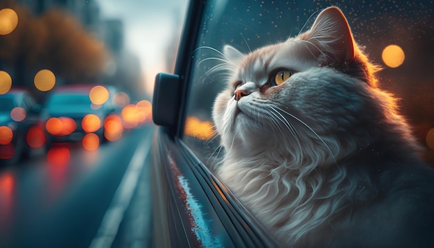 Lustige Katze fährt in einem Auto und schaut aus dem Fenster auf die Straße Generative ai
