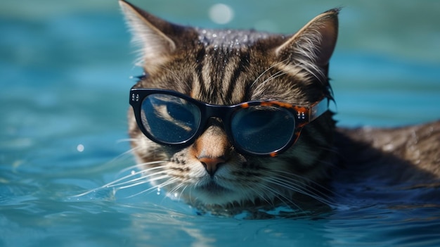 Lustige Katze mit blauer Brille schwimmt an einem sonnigen Tag im Wasser