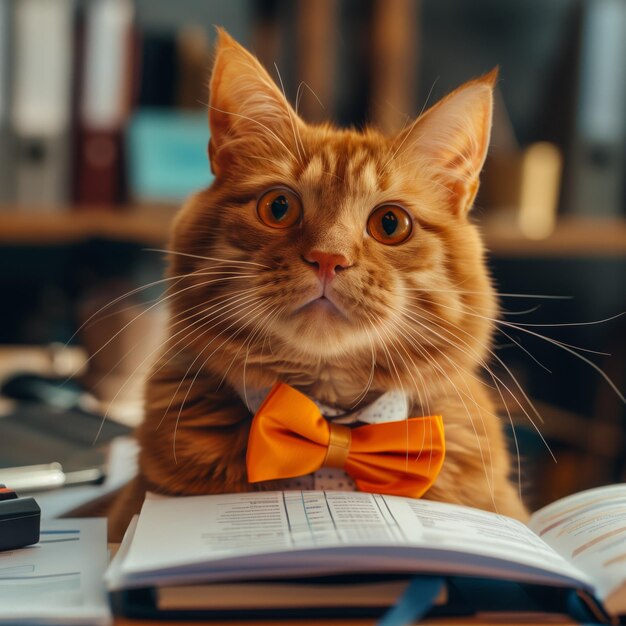 Foto lustige katze mit orangefarbener fliege männlicher buchhalter oder unternehmensleiter arbeitet in einem büro