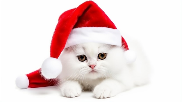 Lustige Katze mit rotem Weihnachtsmannshut, isoliert auf weißem Hintergrund