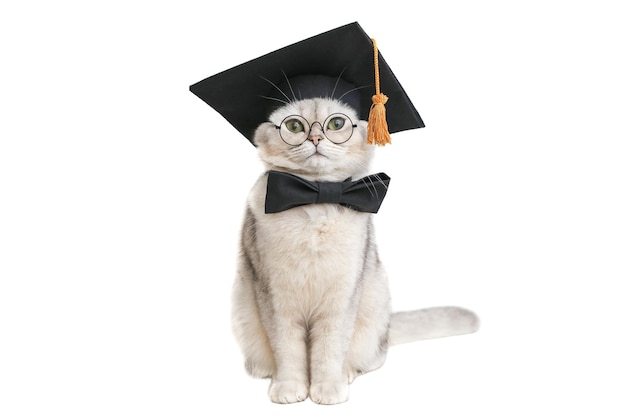 Lustige Katze sitzt in einem schwarzen Graduierungshut, einer Fliege und einer Brille, die auf einem weißen Hintergrund isoliert sind