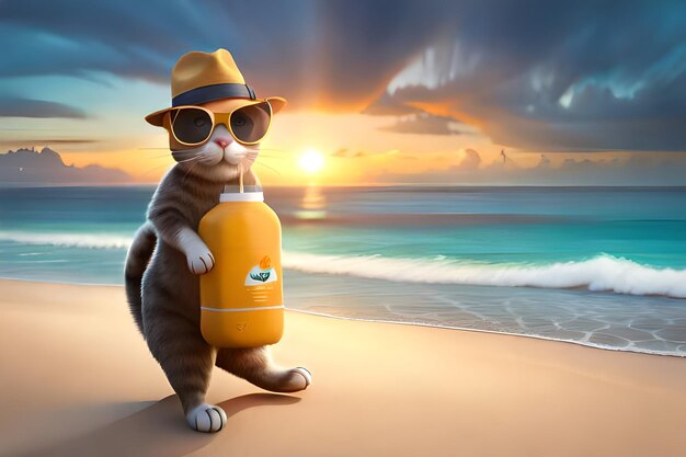 Foto lustige katzenfigur am strand mit einer flasche orangensaft