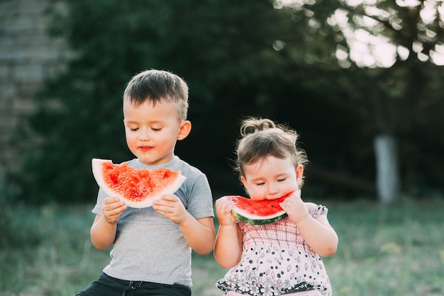 Lustige Kinder essen Wassermelone. Bruder und Schwester im Freien sitzen auf den Stümpfen