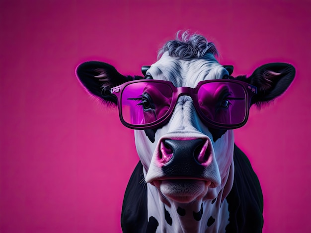 Lustige Kuh mit Sonnenbrille auf rosa Hintergrund ai generativ