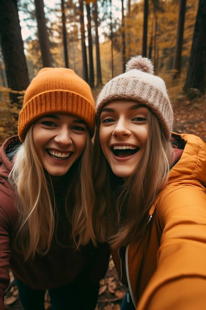 Foto lustige mädchen machen im herbst ein selfie im wald