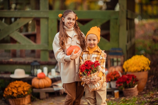 Lustige Mädchenschwestern im Herbst mit Kürbissen und Blumen haben Spaß