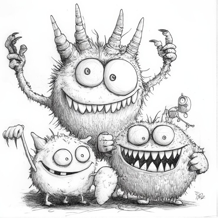 Foto lustige monster tinte und aquarell illustration schwarz-weiß zeichnung
