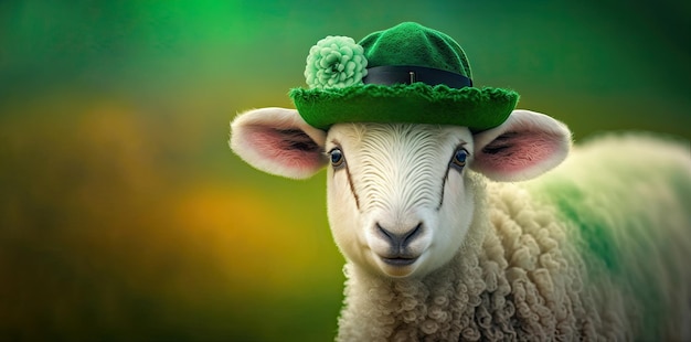 Lustige Schafe, die einen Hut tragen, der mit einem Kleeblatt auf verschwommenem Hintergrund dekoriert ist Tier, das den St. Patrick Day feiert Generative KI