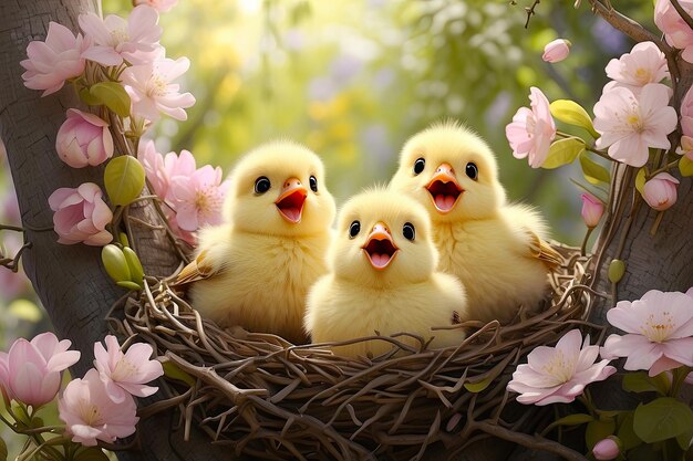 Lustige schöne flauschige gelbe Küken mit offenem Mund bitten sie, in einem im Frühling blühenden Nest aus Zweigen und Blumen in der Natur zu essen Frühlingskarte Frühlingszeit Kinder Kindheit KI generiert