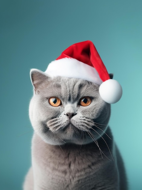 Lustige schottische Faltkatze, die in die Kamera blickt und eine Weihnachtsmütze auf blauem Hintergrund trägt. Generative KI