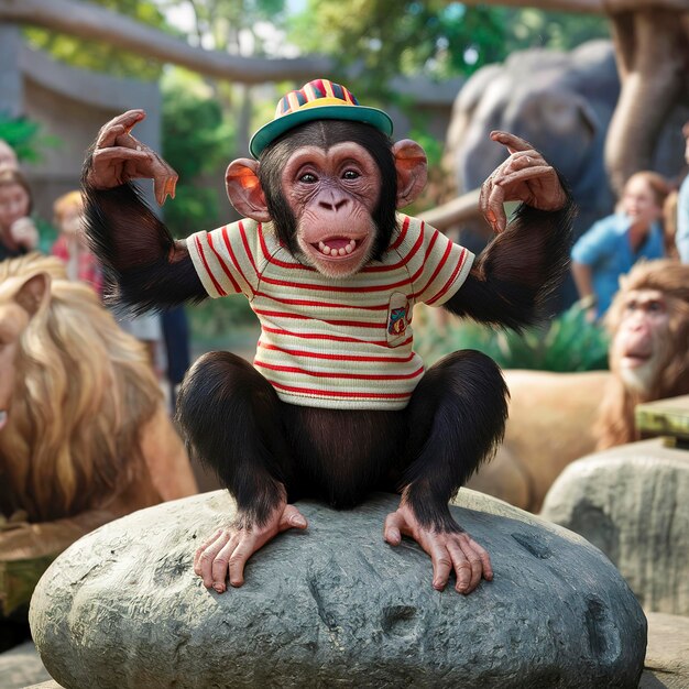 Foto lustige sitzende schimpanse stein zoologische