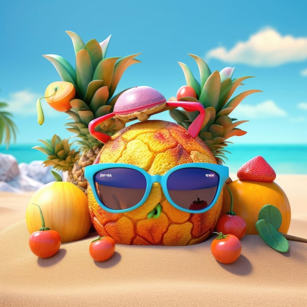 Lustige Sommerfrüchte mit Sonnenbrille am Strand 3D-Rendering