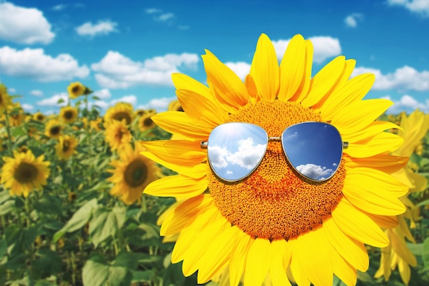 Lustige Sonnenblume mit Sonnenbrille auf einem blauen Himmel