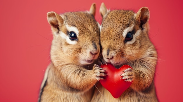 Lustige Tiere Valentinstag Liebe Hochzeit Feier Konzept Grußkarte Schöne Eichhörnchen Paar mit einem roten Herz roten Hintergrund