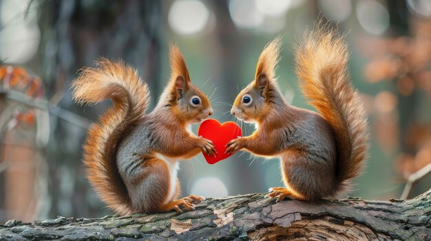 Lustige Tiere Valentinstag Liebe Hochzeit Feier Konzept Grußkarte Schöne Eichhörnchen Paar mit einem roten Herz roten Hintergrund