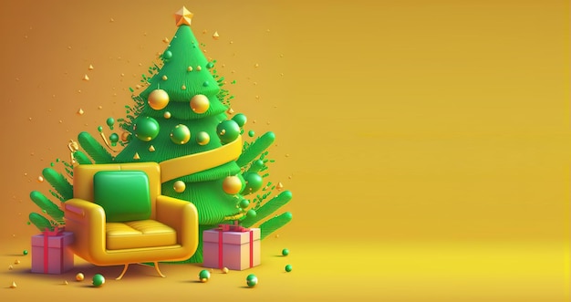 Lustige ultraweiche Weihnachtskomposition mit Weihnachtsbaum und Spielzeug isoliert auf rosa Hintergrund Pastellfarben Buntes Poster und Banner Cartoon minimaler Luftstil 3D-Illustration