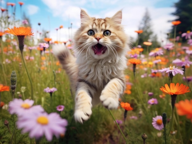 Lustige und glückliche Katze, die auf einer Blumenwiese springt