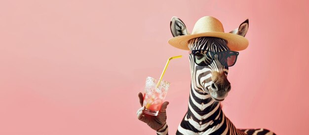 Lustige Zebra in Sommerhut und Sonnenbrille hält ein Glas mit Saft Sommerferienkonzept