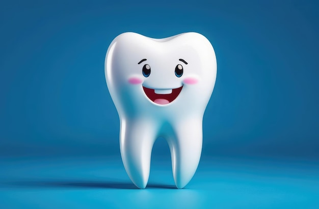 lustige Zeichentrickfigur mit weißem Zahn auf blauem Hintergrund Kinderzahnmedizin Konzept Stomatologie