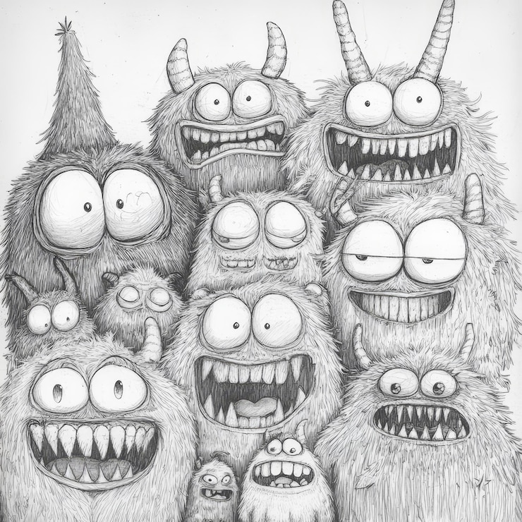Foto lustige zeichentrickmonster illustration für kinder schwarz-weiß