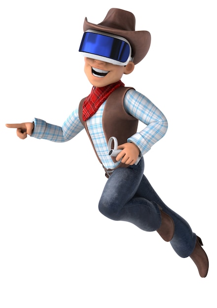 Lustiger 3D-Charakter eines Cowboys mit einem VR-Helm