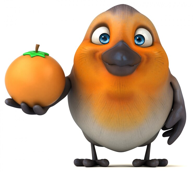 Foto lustiger 3d kleiner vogel, der eine orange hält