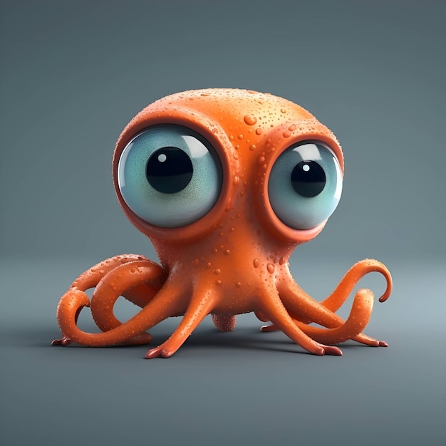 Lustiger Cartoon-Oktopus mit großen Augen isoliert auf grauem Hintergrund, 3D-Illustration