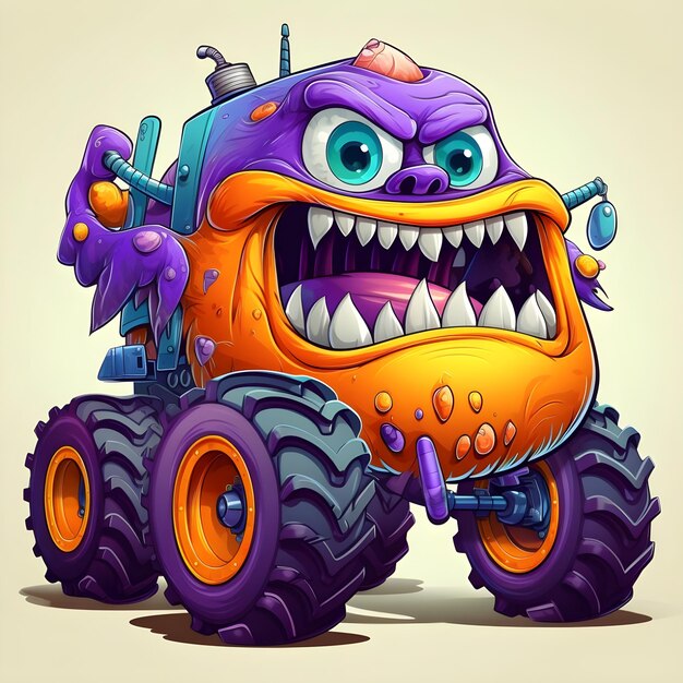 Foto lustiger cartoon racing-monster-truck mit leistungsfähigem motor