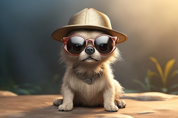 Lustiger cooler Hund mit Sonnenbrille und Hut, der in die Kamera schaut Generative KI