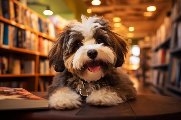 Lustiger, flauschiger, glücklicher Hund, der in der haustierfreundlichen Bibliothek ein Buch liest. Tiere sind willkommen