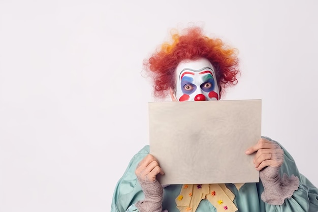 Lustiger, fröhlicher Clown mit leerem Brett, isoliert auf weißem Hintergrund. Generative KI