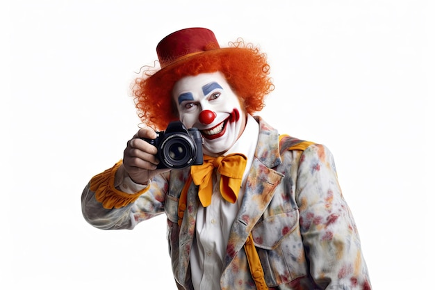 Lustiger, fröhlicher Clown winkt isoliert auf weißem Hintergrund Generative KI