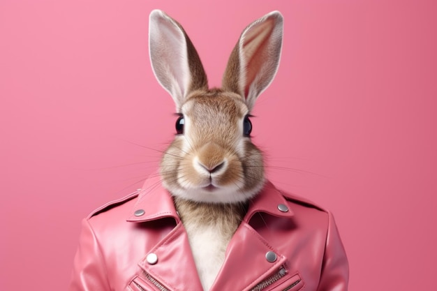 Lustiger Hase in rosa Lederjacke auf rosa Pastellhintergrund