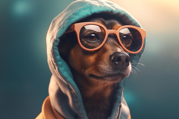 Lustiger Hipster-Hund mit Brille und Kapuze, stilvolles, cooles Haustier, Tierporträt, generative KI