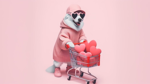 lustiger Hund, der einen Einkaufswagen mit Herz im Inneren hält Valentinstag Konzept Hintergrund