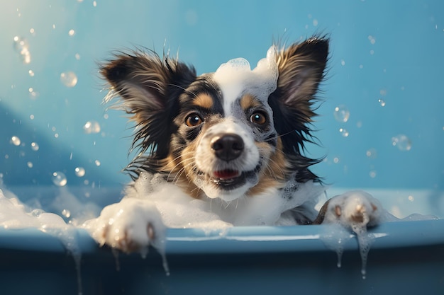 Lustiger Hund, der Schaumbad nimmt, macht Werbung für die Haustierdusche