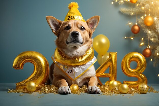Foto lustiger hund feiert das neue jahr 2024 mit einem schildkostüm, isoliert auf gelbem hintergrund