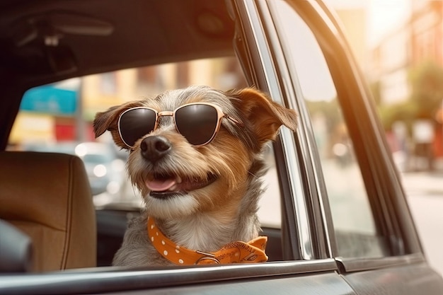 Lustiger Hund im Autofenster während einer Autofahrt, erstellt mit generativer KI. Reisen mit Haustieren