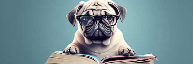 Lustiger Hund mit Brille Konzeptbanner zum Thema Bildung Niedlicher Mops auf blauem Hintergrund