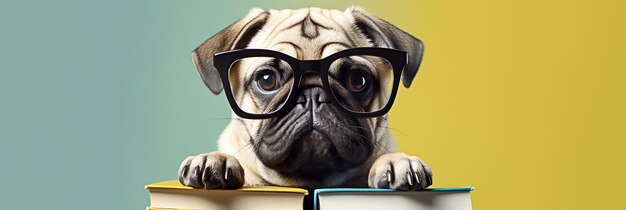 Lustiger Hund mit Brille Konzeptbanner zum Thema Bildung Niedlicher Mops auf gelbem Hintergrund