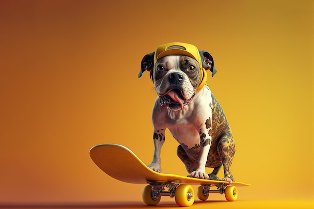 lustiger HUND, Welpe auf Skateboard, isoliert auf gelbem Hintergrund