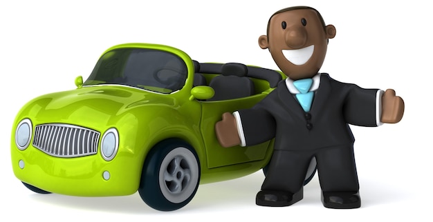 lustiger illustrierter Geschäftsmann und ein Auto 3d gerendert