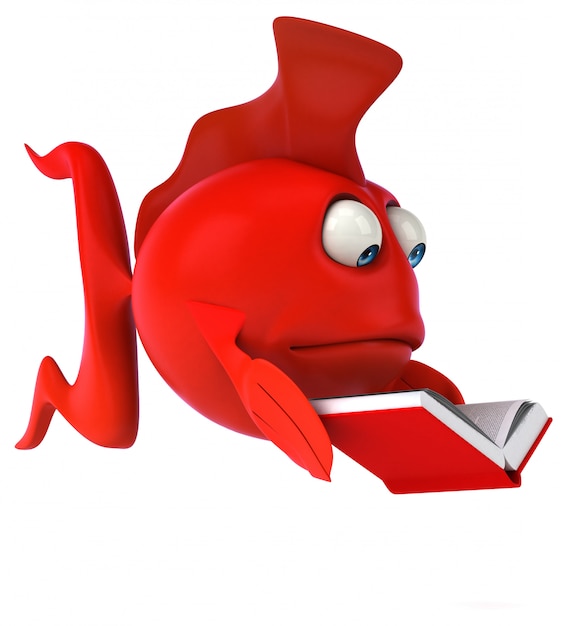 Lustiger illustrierter roter Fisch, der ein Buch liest