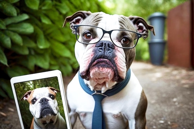 Foto lustiger intelligenter hund, der selfie-bild macht