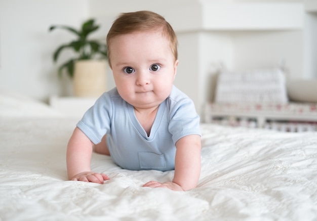 Lustiger Junge 6 Monate alt im blauen Bodysuit, der zu Hause lächelt und auf Bett liegt.