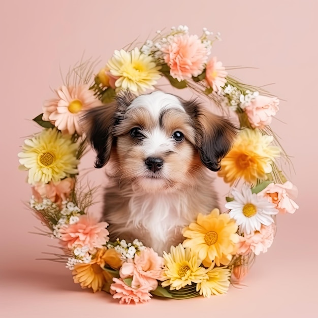 Lustiger kleiner Hund mit einer bunten Blumenkrone um ihn Generative KI