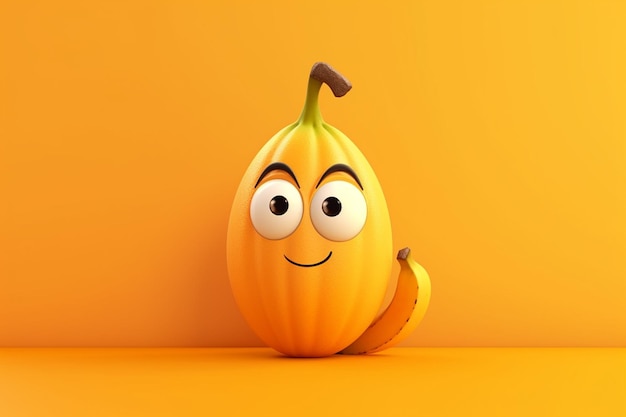 Lustiger Kürbis mit Bananencharakter-Cartoon auf orangefarbenem Hintergrund, 3D-Illustration