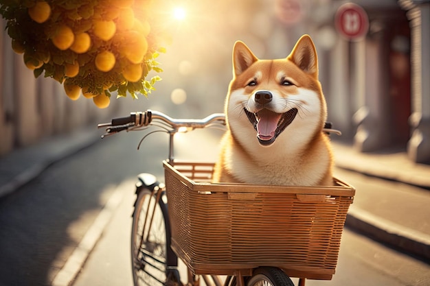 Lustiger lächelnder Shiba-Hund in einem Fahrradkorb fährt an einem sonnigen Tag Generative AI AIG15